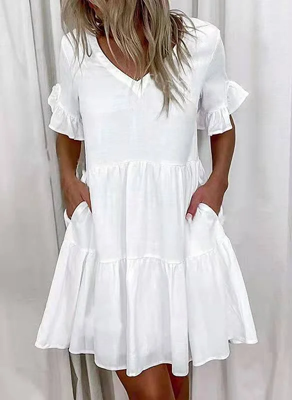 Women's Ruffle Floral Print Loose V Neck Casual Elegant Mini Dress