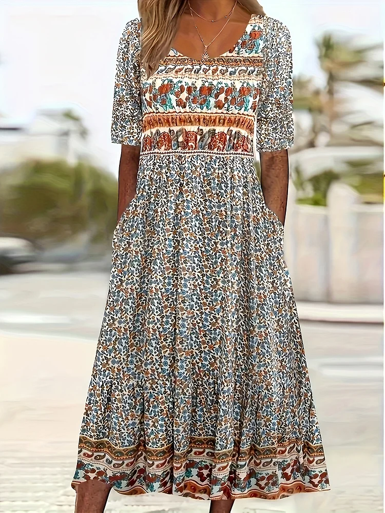 Bohemian Floral Print Summer Dress - Round Neck Short Sleeved Flowing Jumpsuit Long Skirt