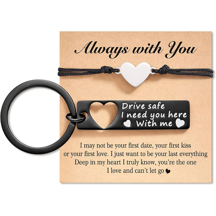 Matching Keychain Bracelet Set Heart Keychain Adjustable Bracelet with Message Card Gifts for Couple - Drive Safe I Need You Here With Me