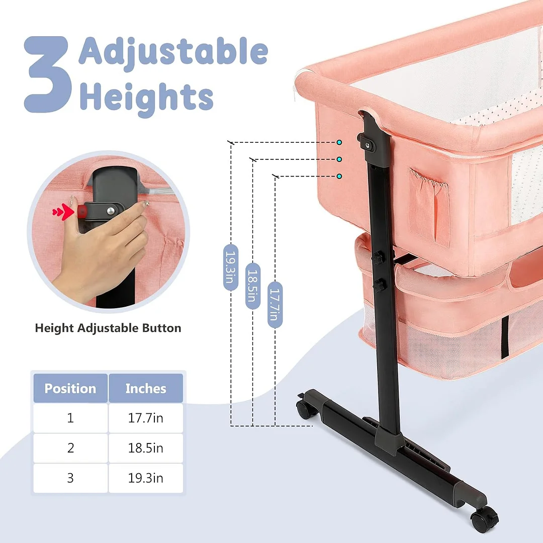 3 in 1 Bassinet Bedside Sleeper, Baby Bassinets Bedside Sleeper with Wheels, Breathable Mesh, Adjustable Height, Storage Basket, Easy Assemble & Folding (Pink)
