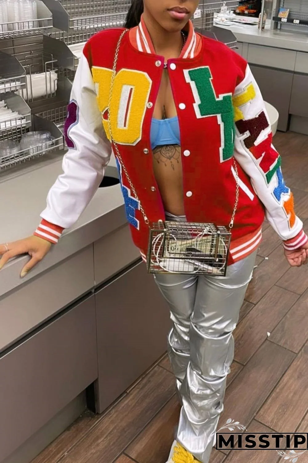 Blue Casual Letter Patchwork Contrast Turn-back Collar Outerwear