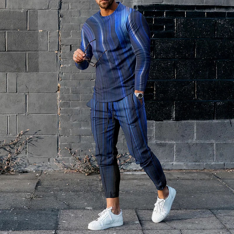Fashion Navy Blue Gradient Lines Long Sleeve T-Shirt And Pants Co-Ord