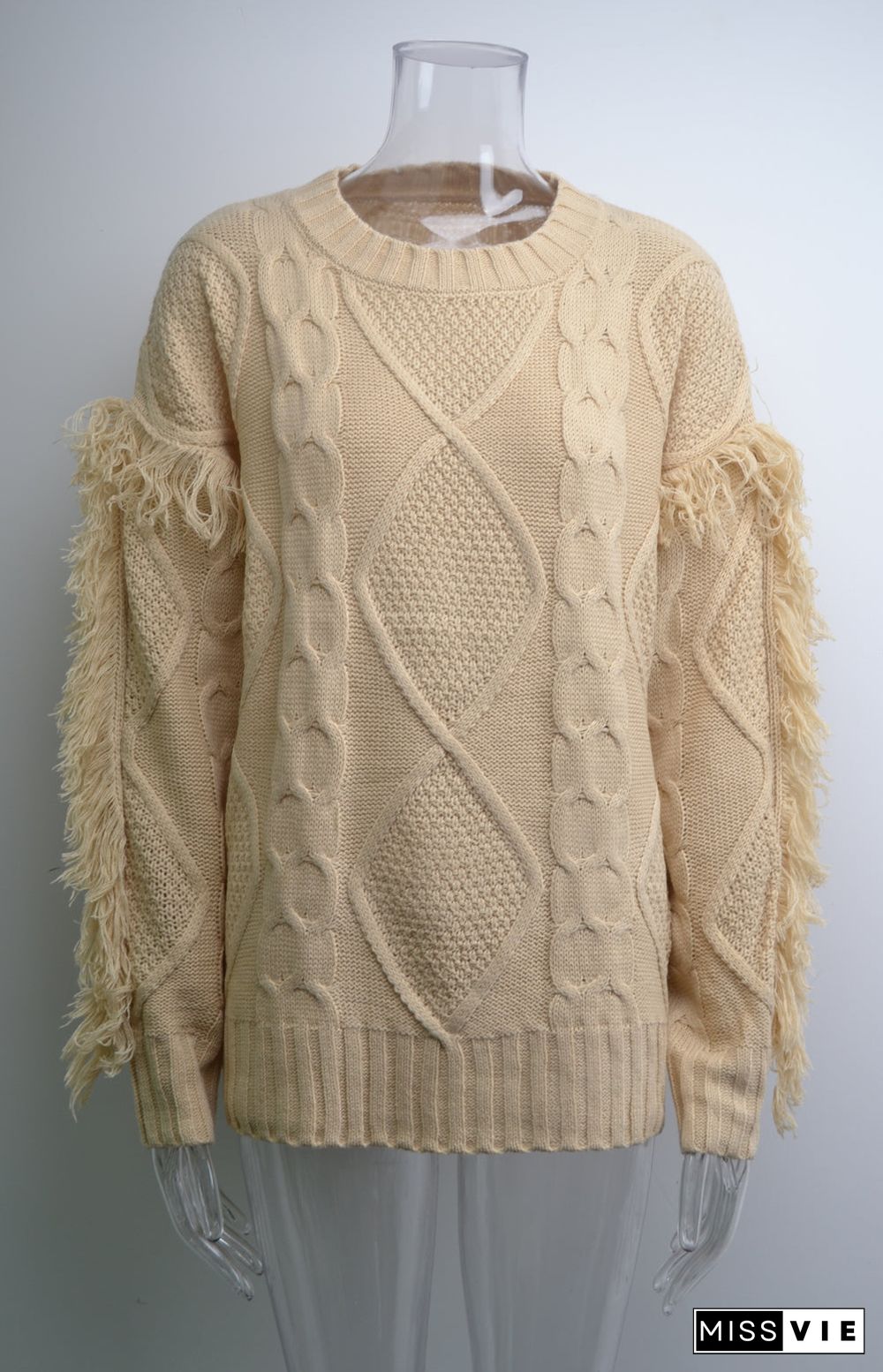 Round Neck Long Sleeve Cable Knit Design Sweater