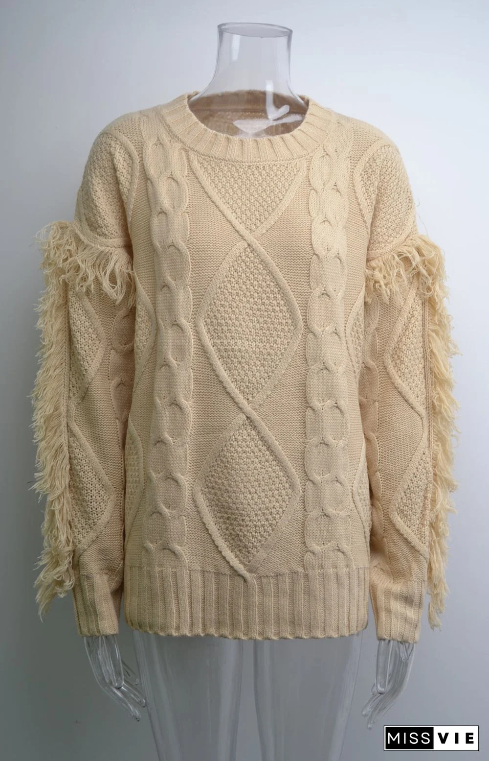 Round Neck Long Sleeve Cable Knit Design Sweater