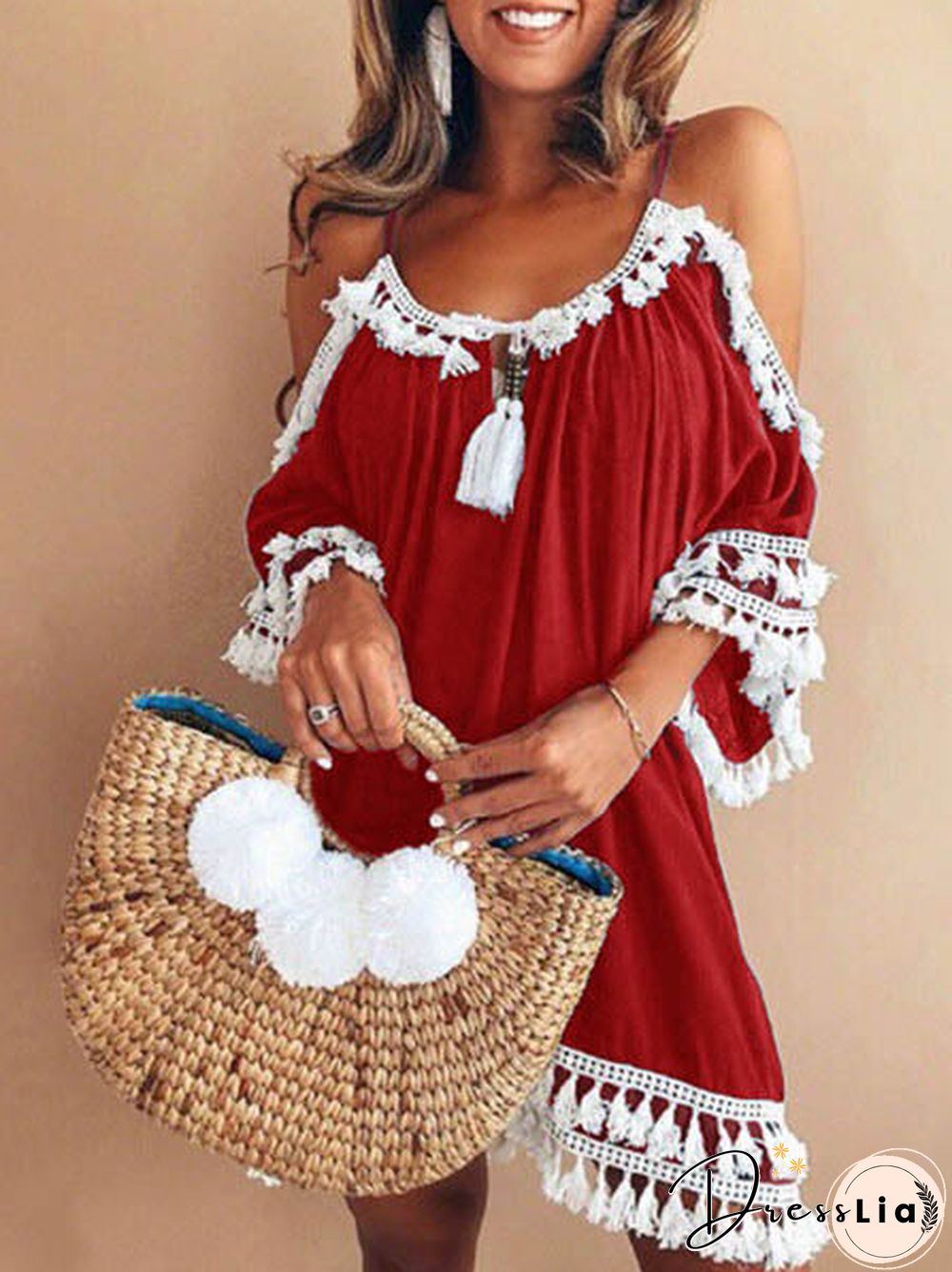 Cold Shoulder Short Sleeve Spaghetti Strap Loose Mini Dress