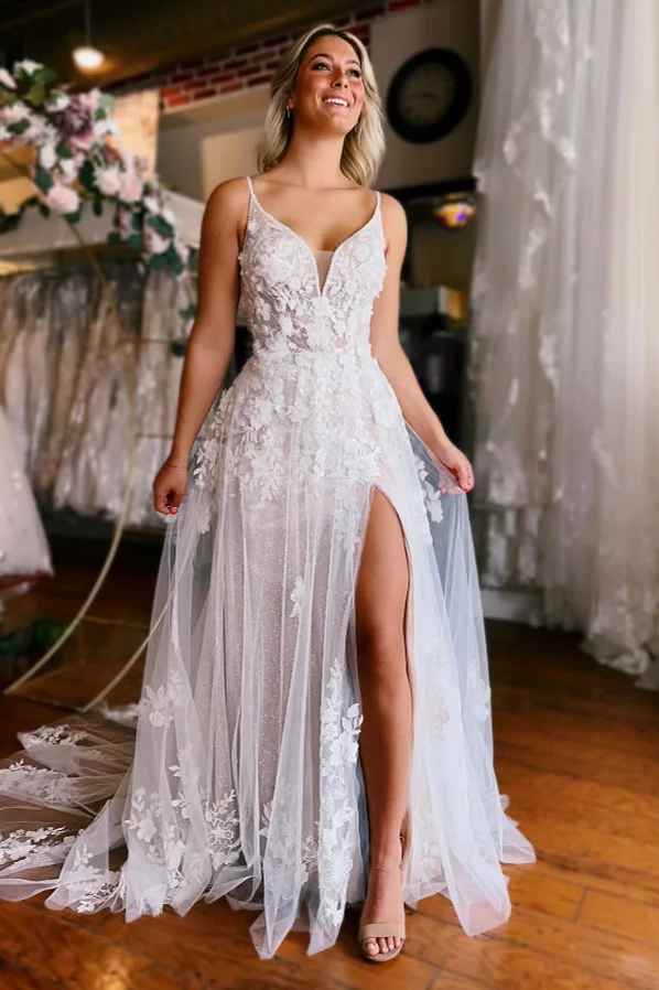 Daisda Chic White Spaghetti Strap Lace Appliqued Prom Dress with Split