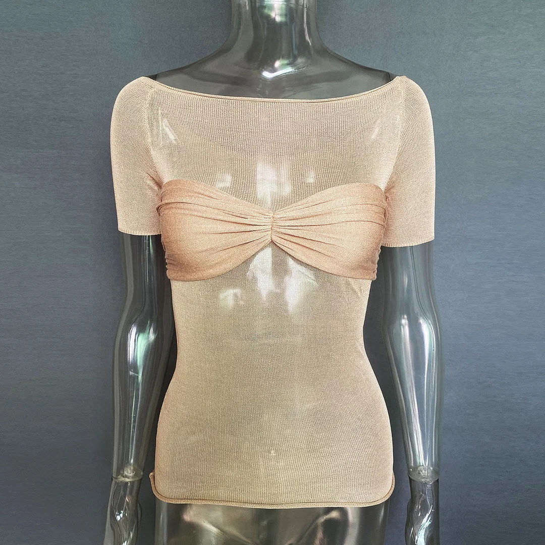 Uveng Spring And Summer Explosion Women's Dress A Word Collar Perspective Short-Sleeved T-Shirt Top