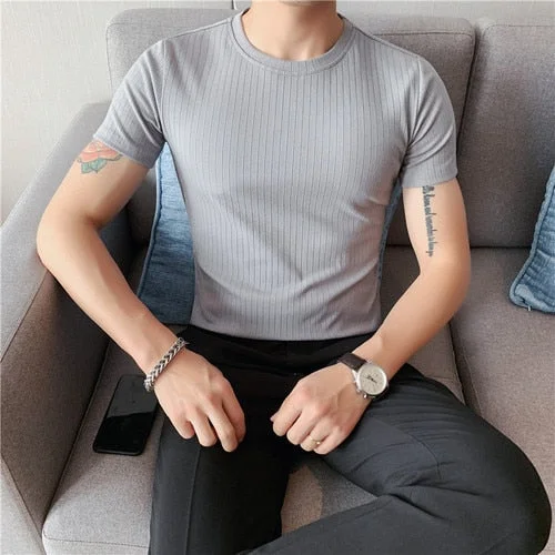 Inongge New Style Male Summer Slim Fit Round Collar Short Sleeve T-shirt/Mens Fashion Stripe Leisure T-shirt/Man Tops Plus Size 4XL
