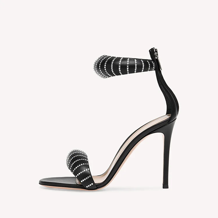 Black Open Toe Stiletto Heels Women's Classic Office Shoes Ankle Strap Zipper Sandals |FSJ Shoes