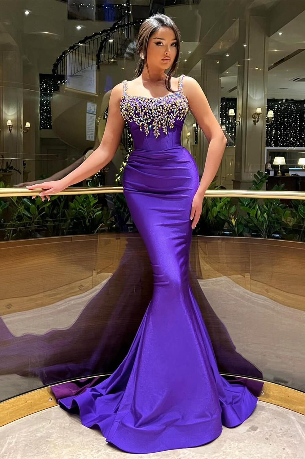 Chic Purple Square Sleeveless Mermaid Evening Gown With Crystals Online - lulusllly