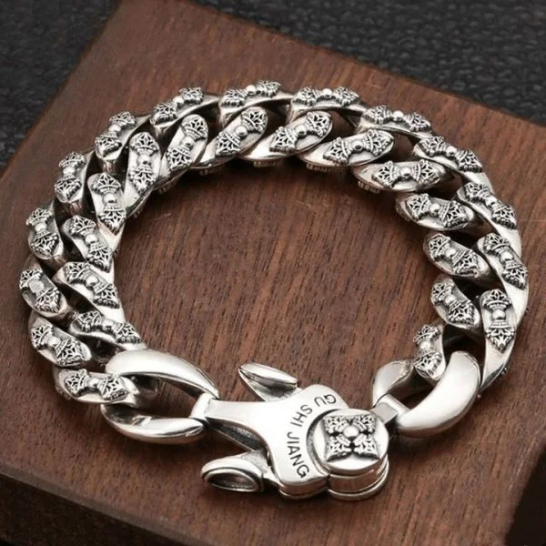 Sterling Silver Buddha Mantra Vajra Curb Chain Bracelet