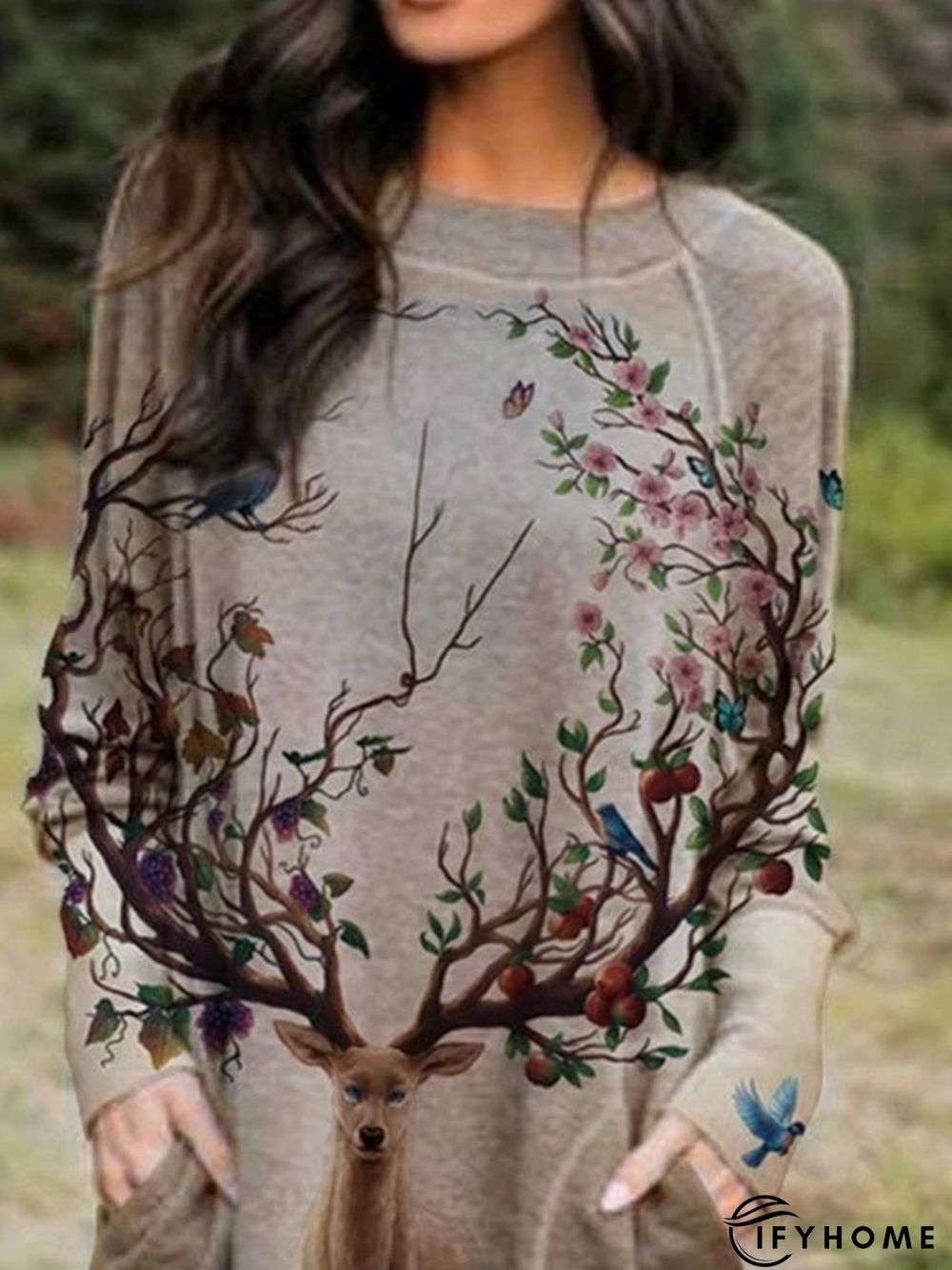 Khaki Animal Printed Casual Shift Crew Neck Long Sleeve Spring&Fall Knitting Dress | IFYHOME