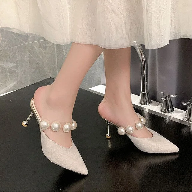 34-40 Pearl Black Sandals Women Summer Autumn Shoes Woman Thin Heels 2022 Womens Outdoor High Heels Woman Mules