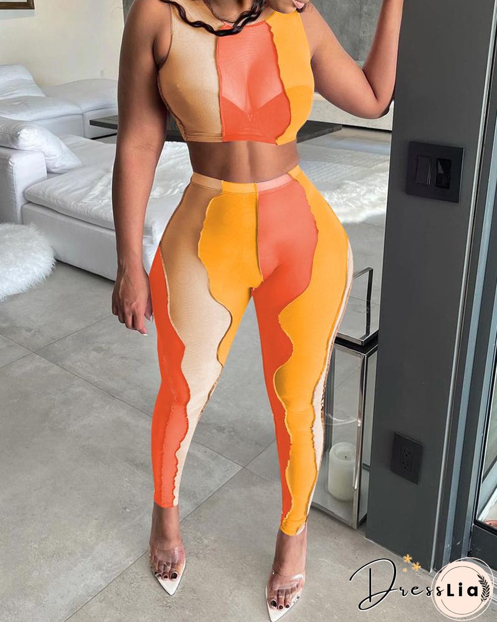 Colorblock Sheer Mesh Crop Top & Pants Set