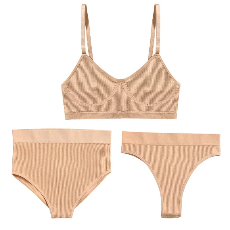 FINETOO 1 Top+3 Panties Set Women Seamless Bra G-String Thongs Soft Tops High Waist Shaper Underwear Female Lingerie Active Bra