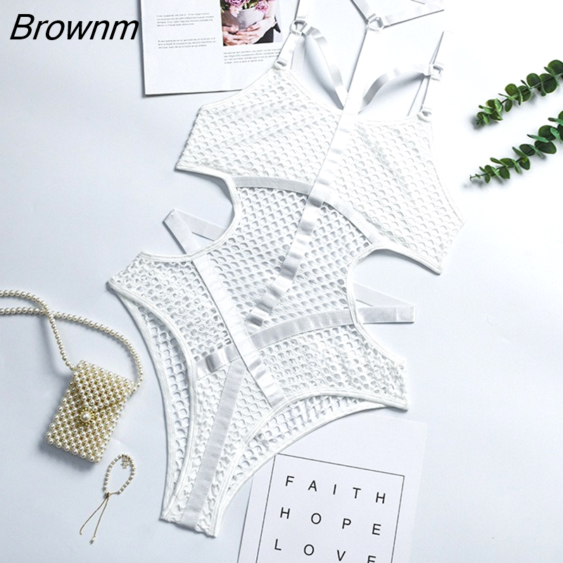 Brownm Gothic Sexy Fishnet Jumpsuit Women Harajuku Streetwear Mall Goth See Through Bodysuit Nightclub Hollow Out Emo Rompers