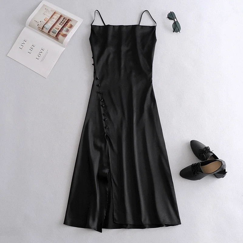 New Spring Autumn  Sleeveless Satin Maxi Dress Women Fashion Solid Long Elegant Evening Party Dresses Ladies Vestidos