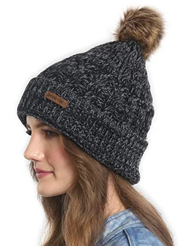 Faux Fur Pom Pom Beanie for Women - Warm & Cute Cable Knit Winter Hats