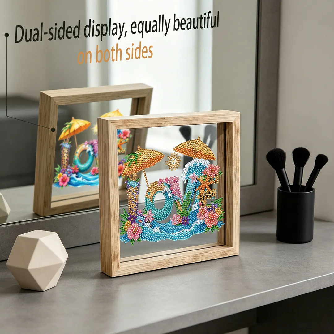 Beach Love DIY Special Shaped Drill Wooden Diamond Painting Tabletop Ornaments Kit with Photo Frame Desktop Diamond Art Kits Double-Sided Pattern for Adults/Beginners Home Decor