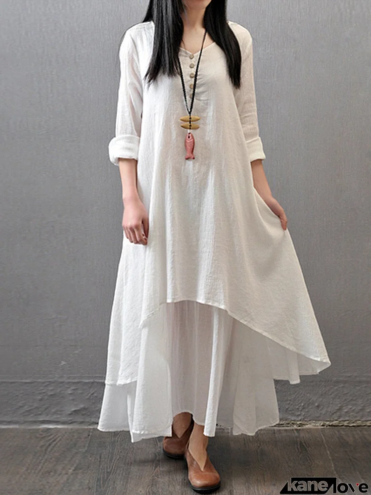 Casual V Neck Long Sleeve Swing Linen Dress