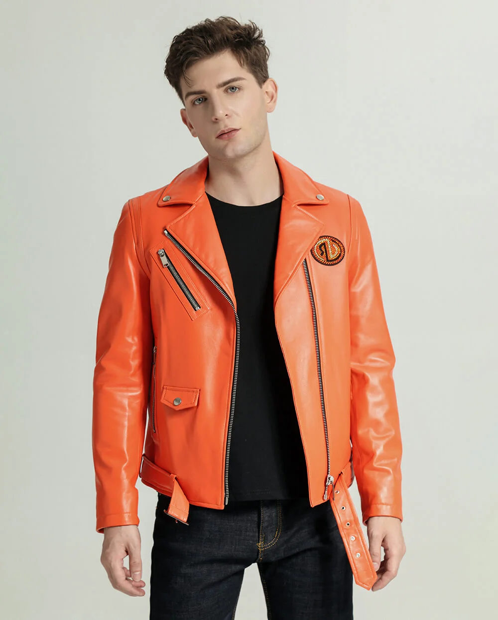 Zippered Sheepskin Moto Leather Jacket with Belt Orange