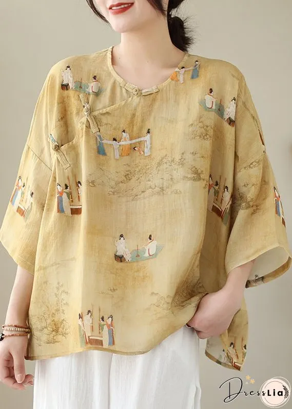 Loose Yellow O Neck Button Print Linen Shirts Batwing Sleeve