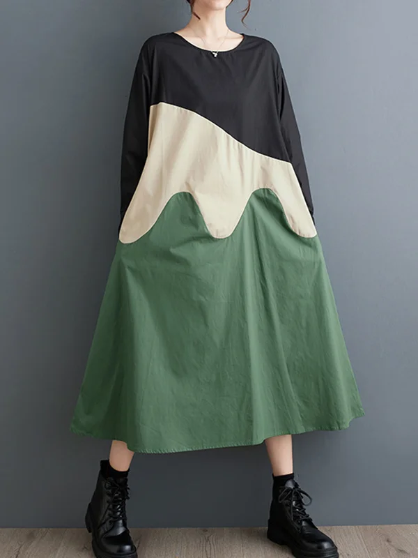 Split-Joint Contrast Color Asymmetric Raglan Sleeve Loose Round-Neck Midi Dresses
