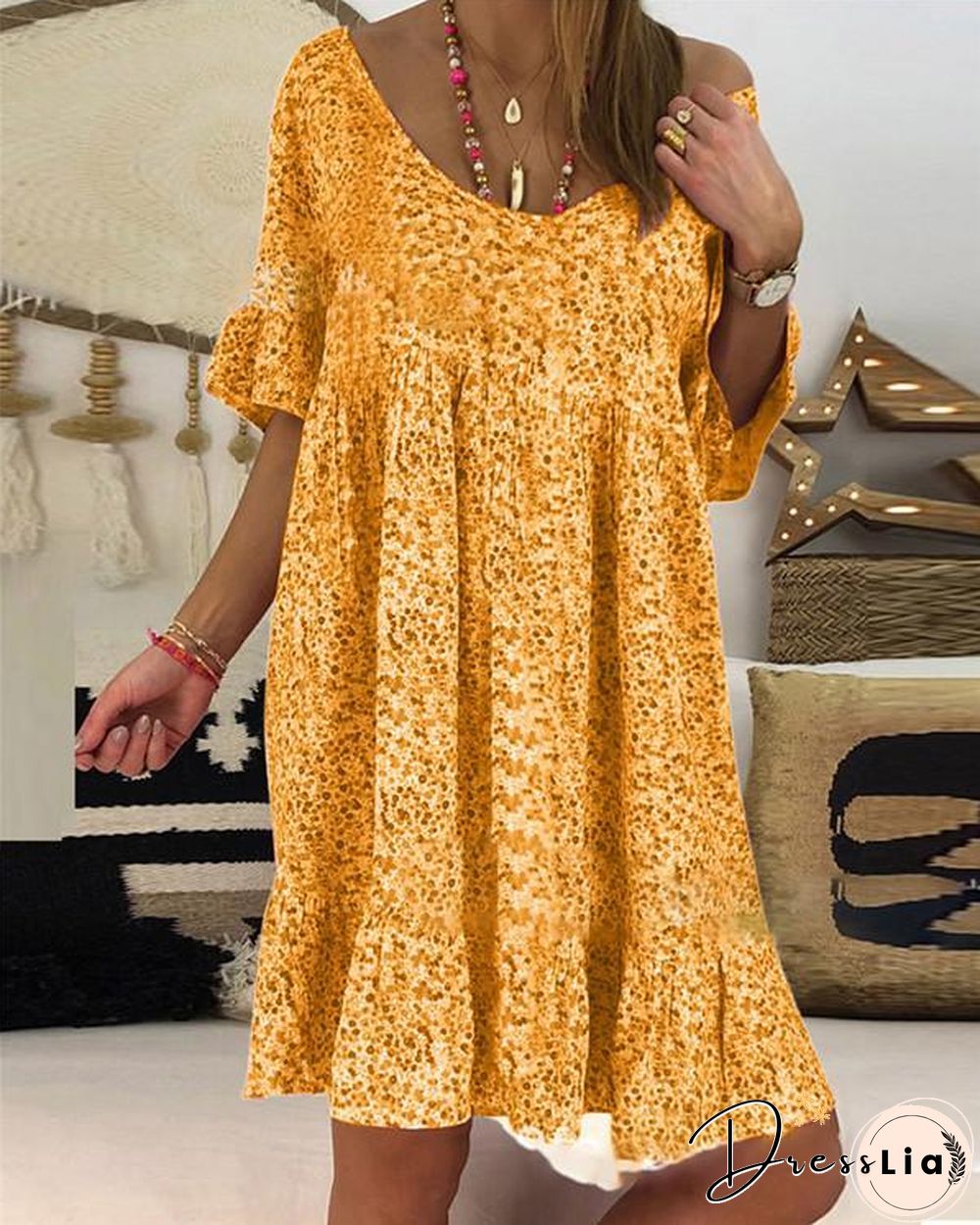 Casual Floral Printed Crew Neck Short Sleeve Plus Size Dress