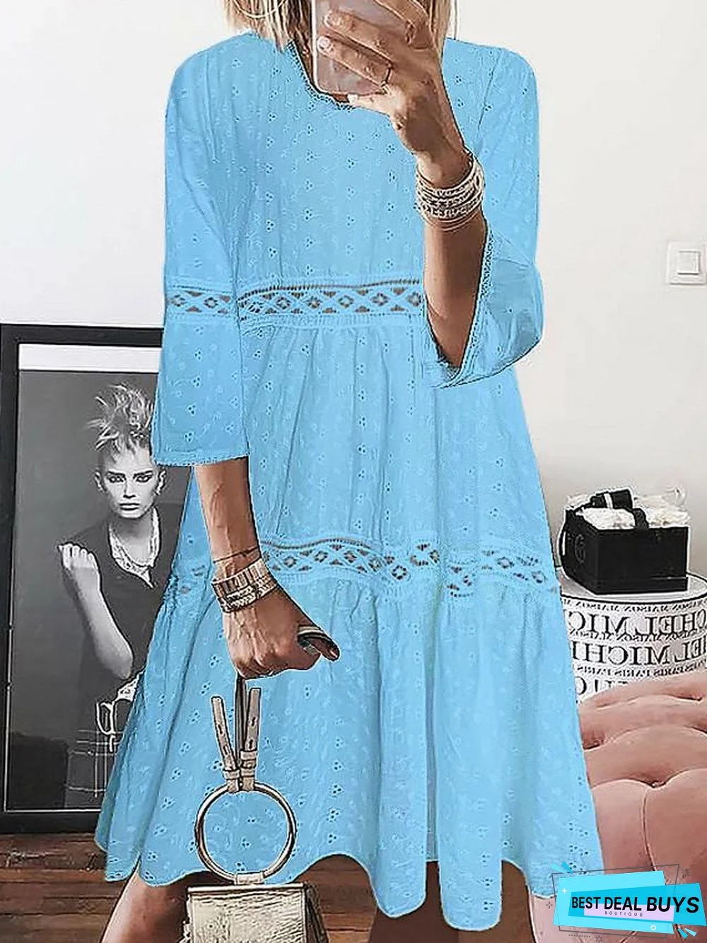 Women's A-Line Dress Short Mini Dress - 3/4 Length Sleeve Eyelet Lace Spring Summer Plus Size Hot Casual White Purple Yellow Light Blue White Dresses