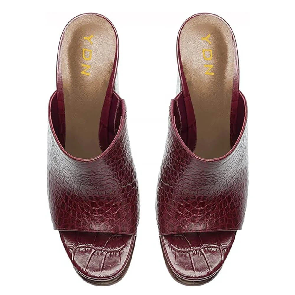 Maroon Open Toe Crocodile Embossed Chunky Heel Platform Slide Sandals
