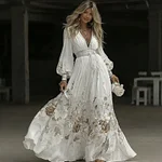 Women's Vintage Floral Pattern V Neck Casual Maxi Dress - Image 2