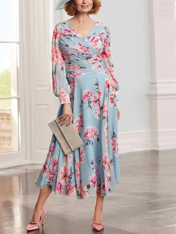 V-Neck Printed Long Sleeve Chiffon Midi Dress