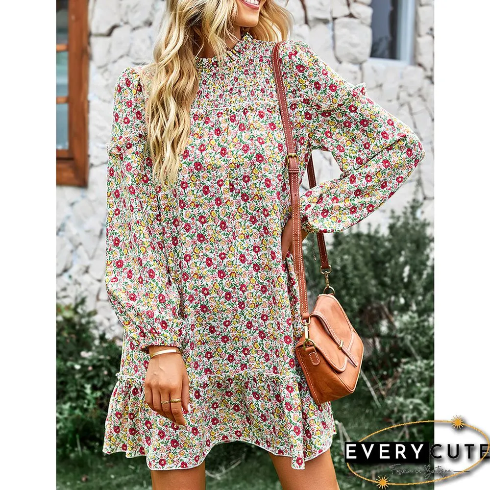 Muliticolor Floral Print Smocked Long Sleeve Dress