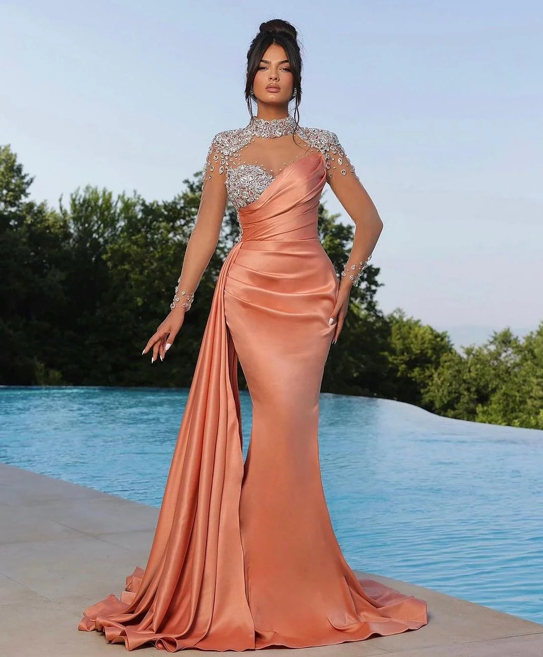 Pretty Mermaid Strapless Black Long Satin Prom Dresses With Flowers P2438