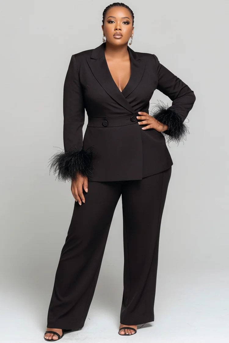 Xpluswear Design Plus Size Formal Black Turndown Collar Long Sleeve Pocket Elegant Feather Two Piece Pant Suits [Pre-Order]