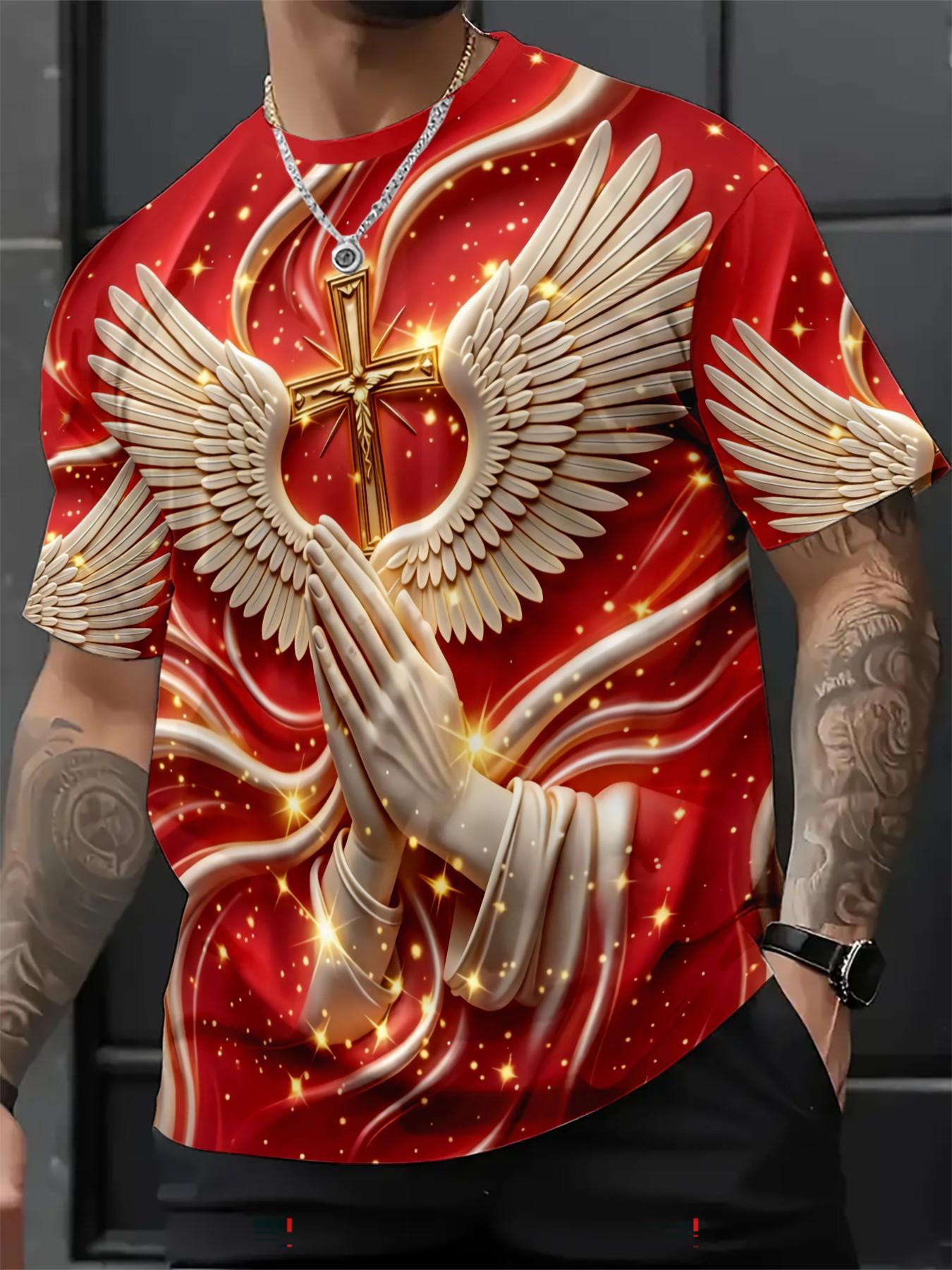 New Religious Prayer Hand Angel Wings Cross Print Men's Round Neck 3D High-Definition Short Sleeve, Sporty Slim-Fit Summer T-Shirt