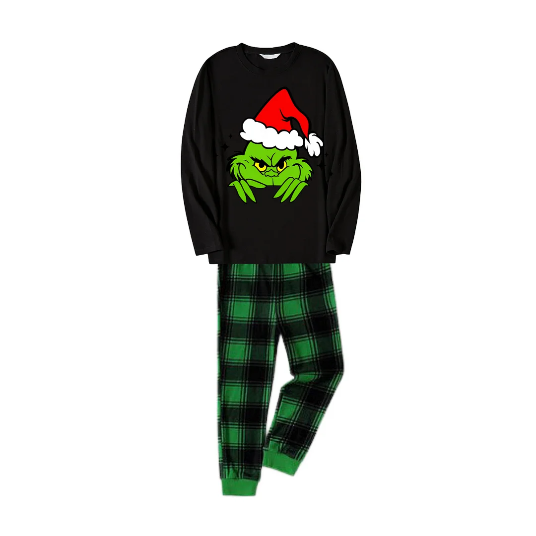 Christmas Cartoon Pattern Print Black Long Sleeve Top with Green and Black Plaid Family Matching Pajamas