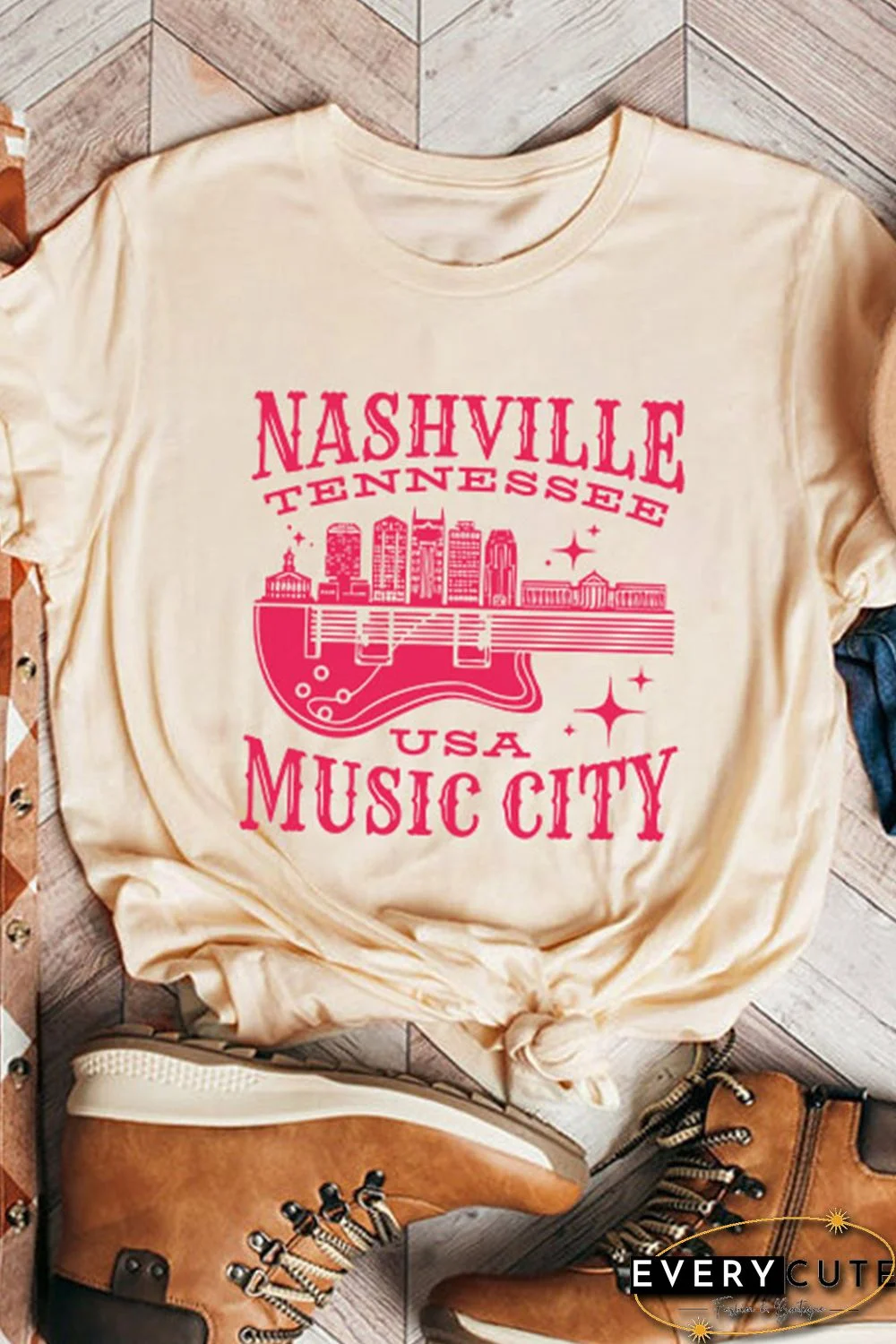 Khaki Nashville Music City Graphic Print Short Sleeve T Shirt
