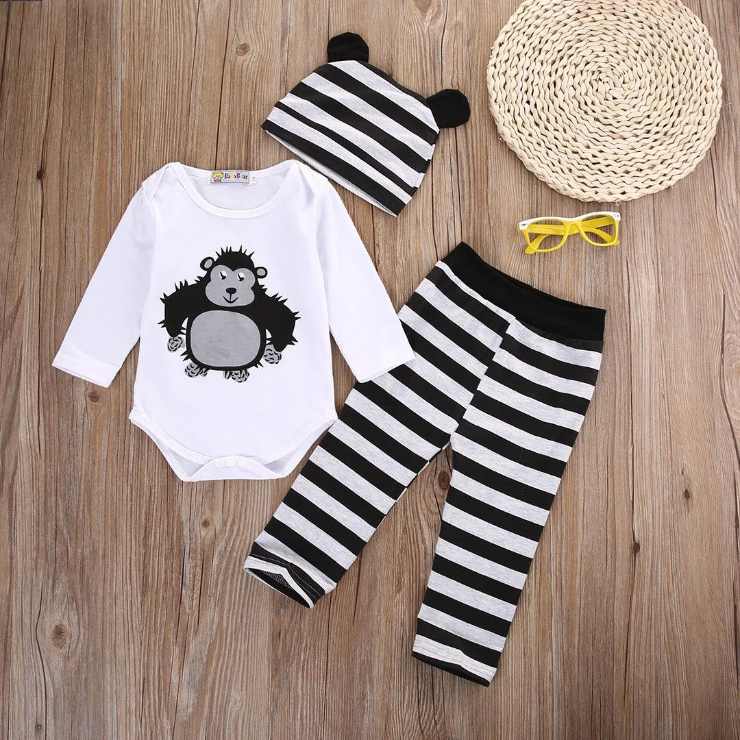 Newborn Toddler Infant Baby Boys Girls Romper Long Sleeve Tops Shirt Long Pants Hat 3PCS Outfits Set Casual Clothes