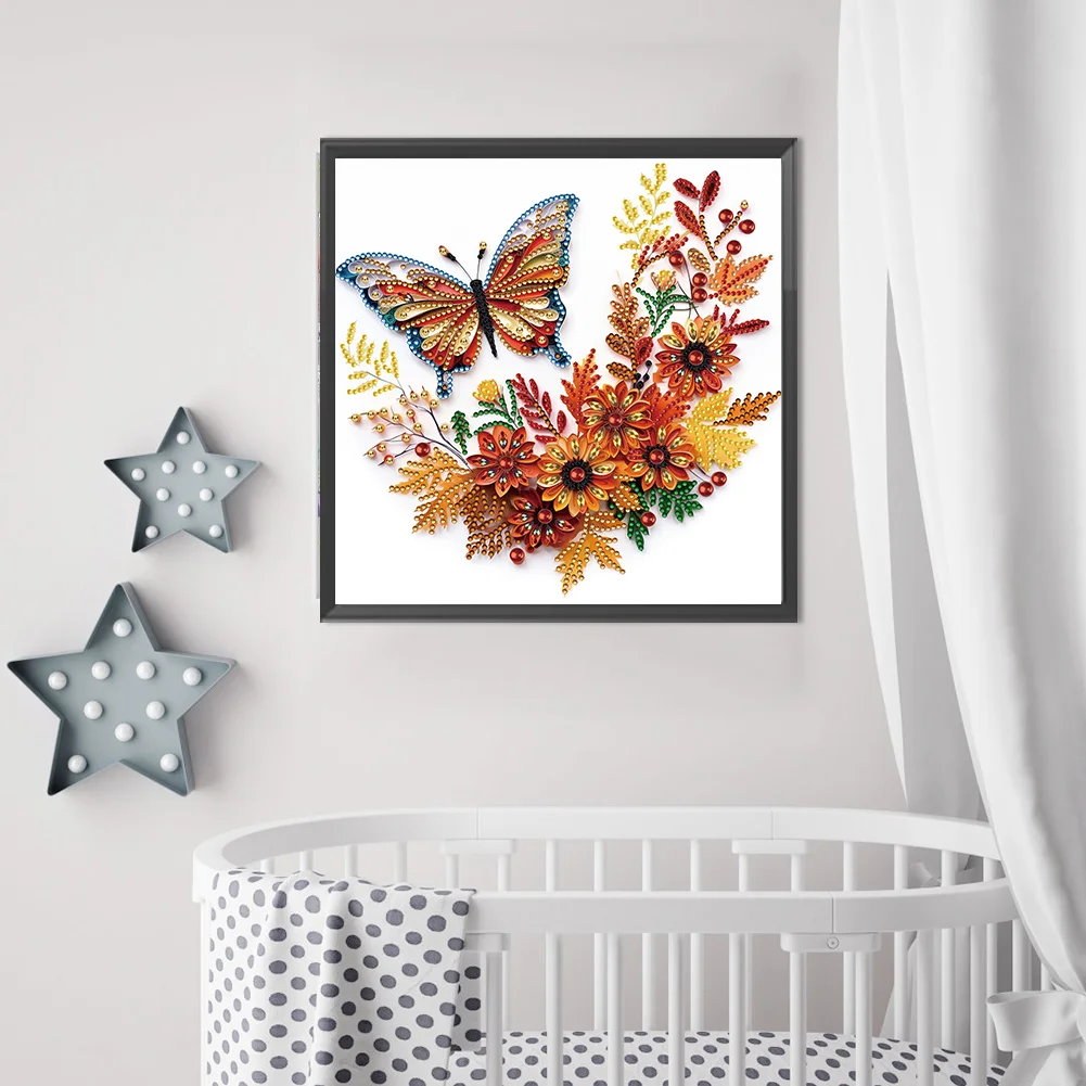 Diamond Painting - Partial Special Shaped Drill - Flower Butterfly(Canvas|30*30cm)