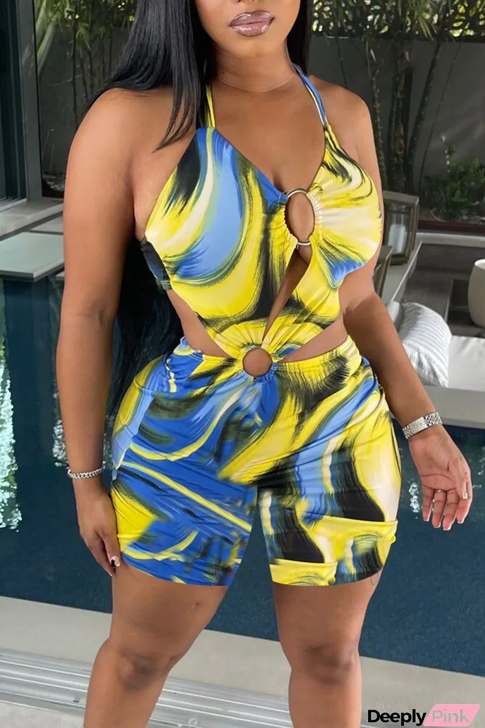 Yellow Sexy Print Hollowed Out Split Joint Halter Regular Jumpsuits