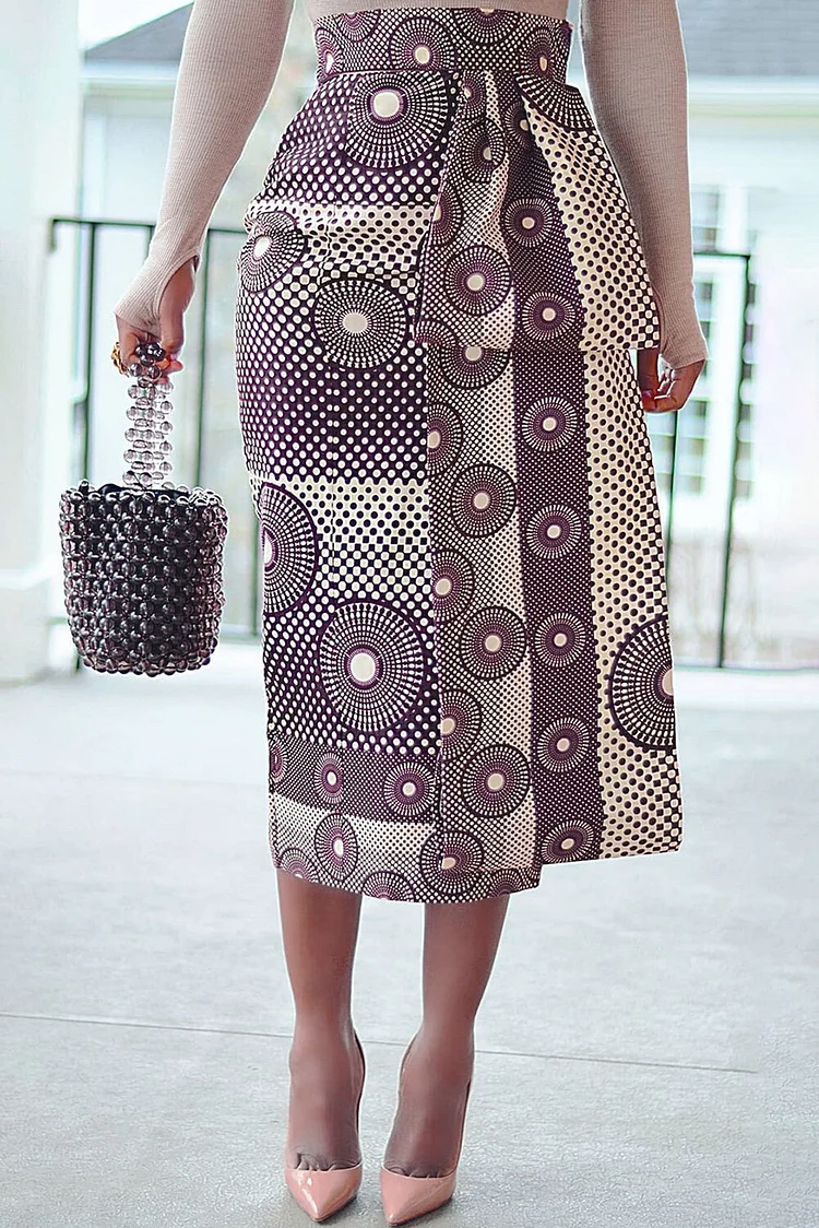 Geometric Print High Waist Thick Streamer Fitted Midi Skirt-Purple