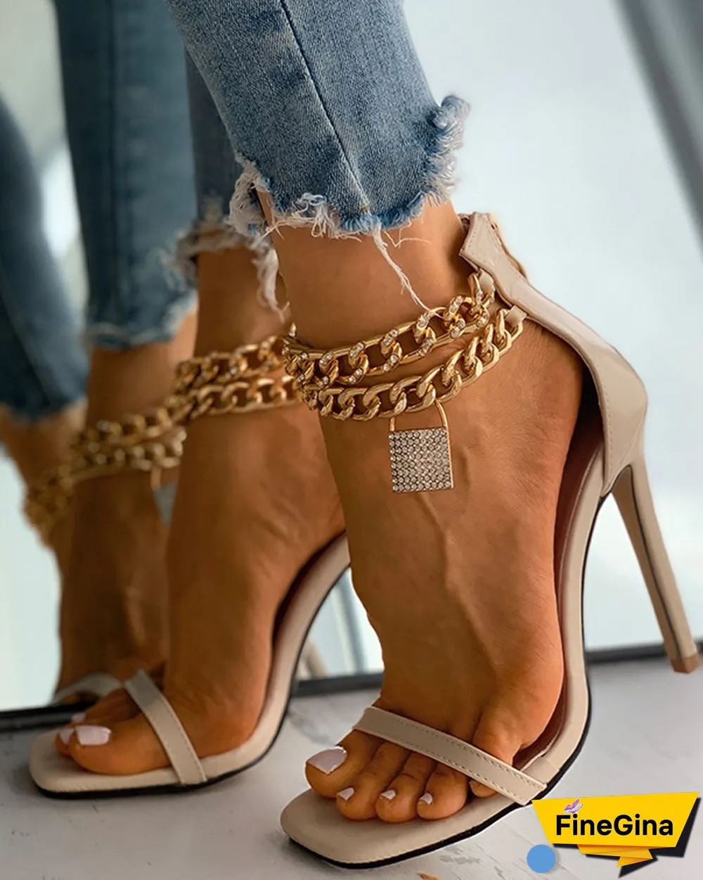 Lock Pattern Studded Chain Strap Stiletto Heels