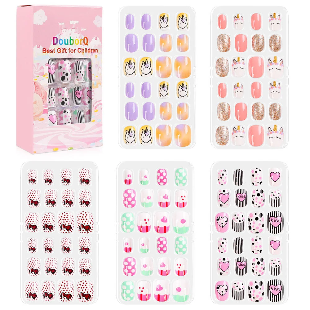 140Pcs Child Nails Kids False Nails Girls Cartoon Press on Fake Nails Colorful Full Cover Nails Cute Short Nail Tips Kits-Nail Inspo