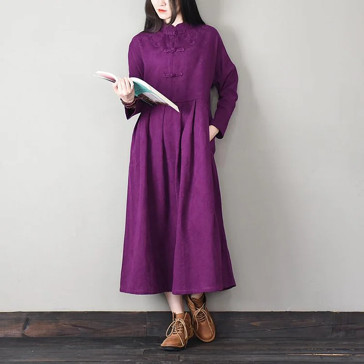 Handmade Chinese Button cotton stand collar clothes Women Work purple Traveling Dresses