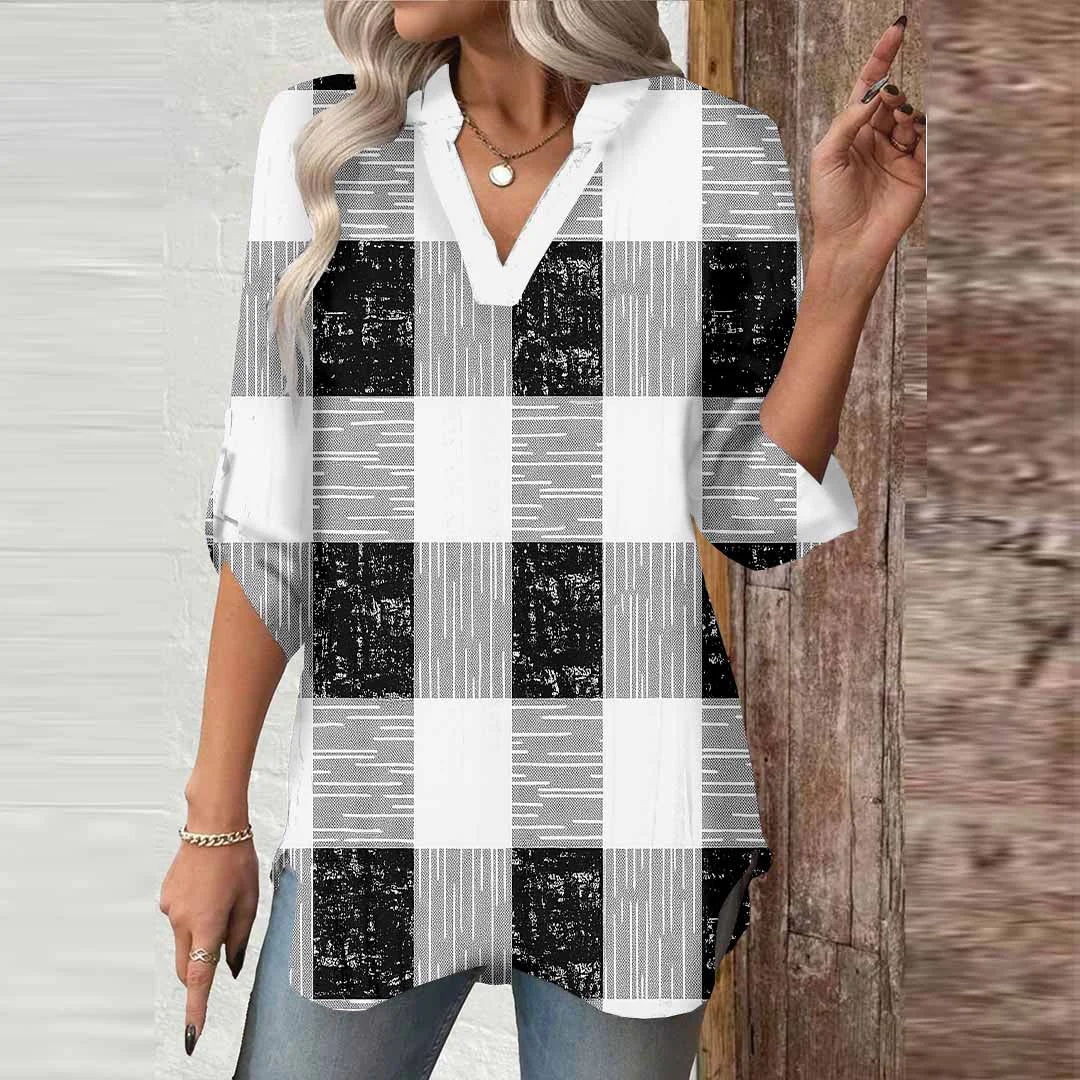 Women Plaid, Black, White DZGA0641 3/4 Sleeve V-neck Printed Graphic Button Tops