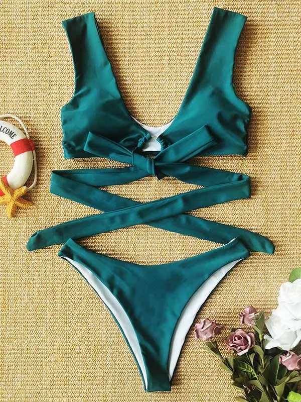  Solid Knot Bandage Split Bikini Swimsuit 