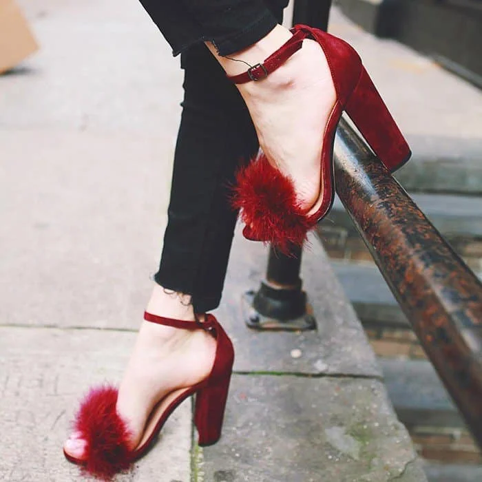 Burgundy Fur Chunky Heel Open Toe Ankle Strap Sandals Vdcoo