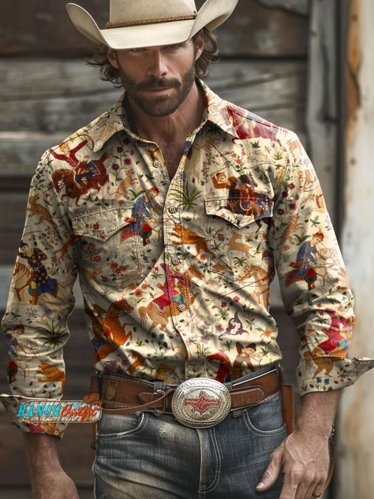 Vintage Race Horserace Print Casual Shirt Multicolor / S