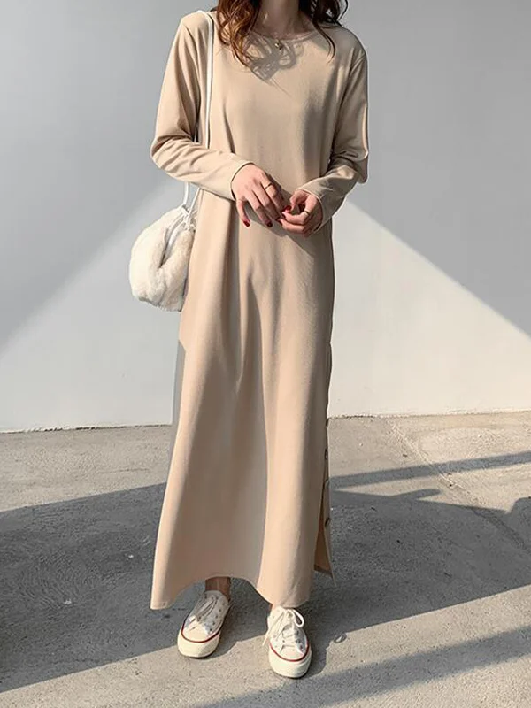 Casual Solid Color Side Slit Loose Dress - yankia